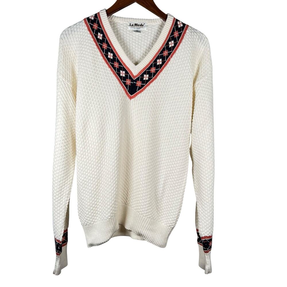 Vintage La Mode Mens Tennis Sweater Cream V-Neck Small Preppy Academia Argyle